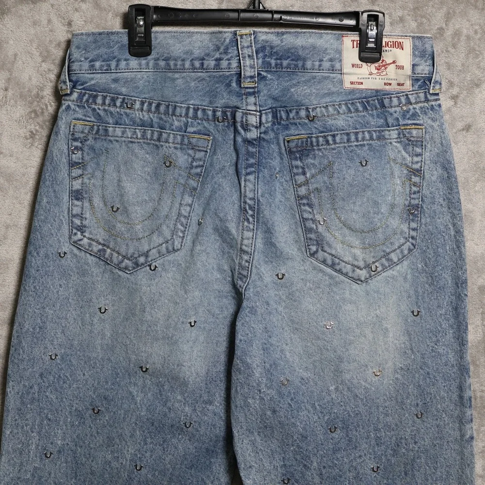 True Religion Jeans Mens 34x32 Blue Vinny Baggy All Over Logo Wide Leg Skater